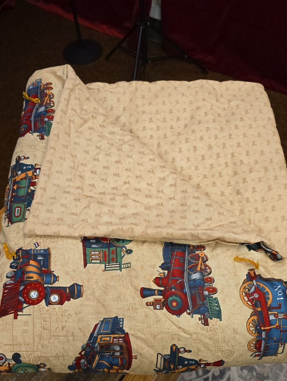 HandmadeTrain Print Reversible Lap Blanket Beige & Multi